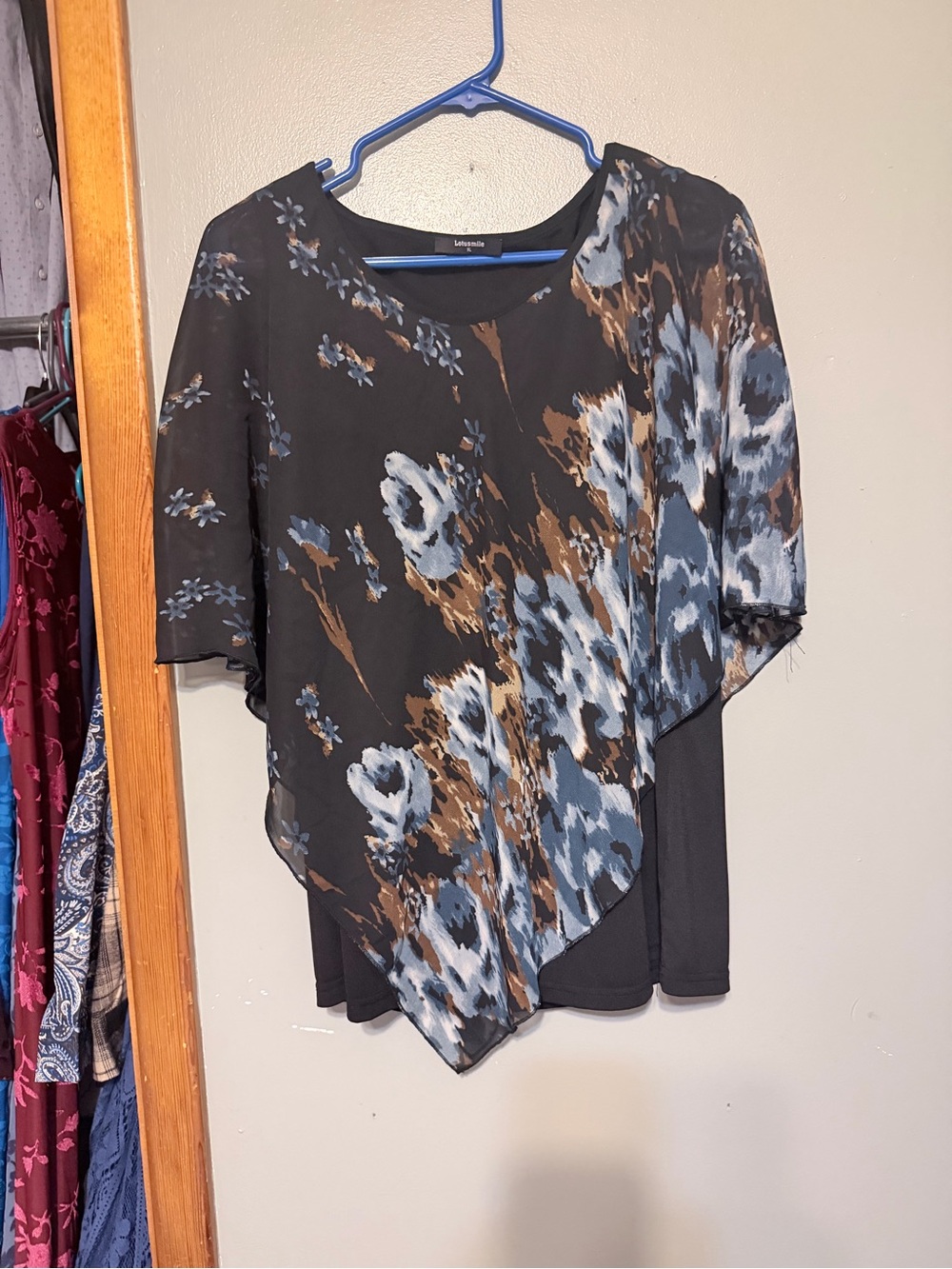 Layered Floral Poncho Top - Black with Blue & Brown Floral Print
